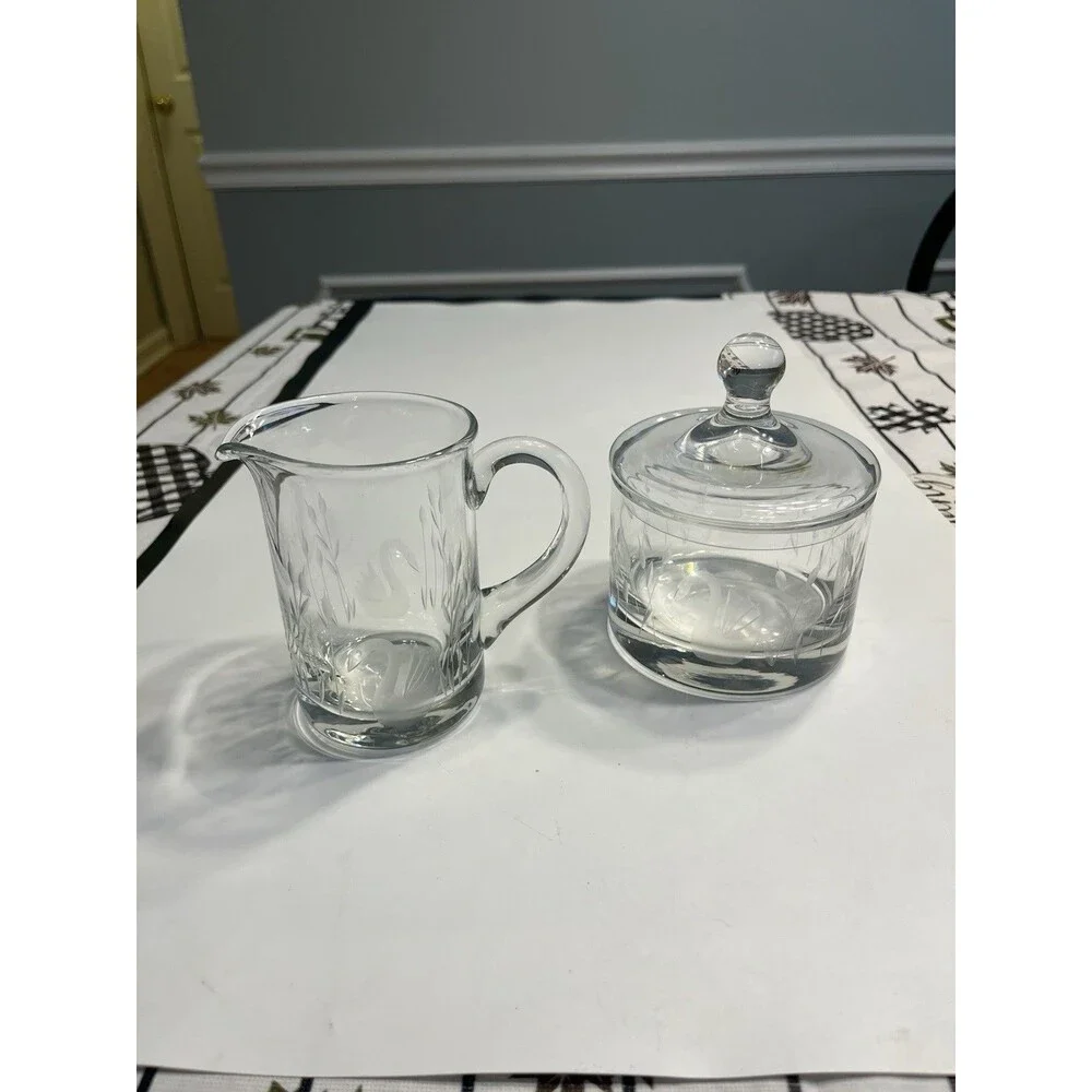 Crystal Glass Clear Etched Swans & Cattails Creamer Sugar Bowl w Lid